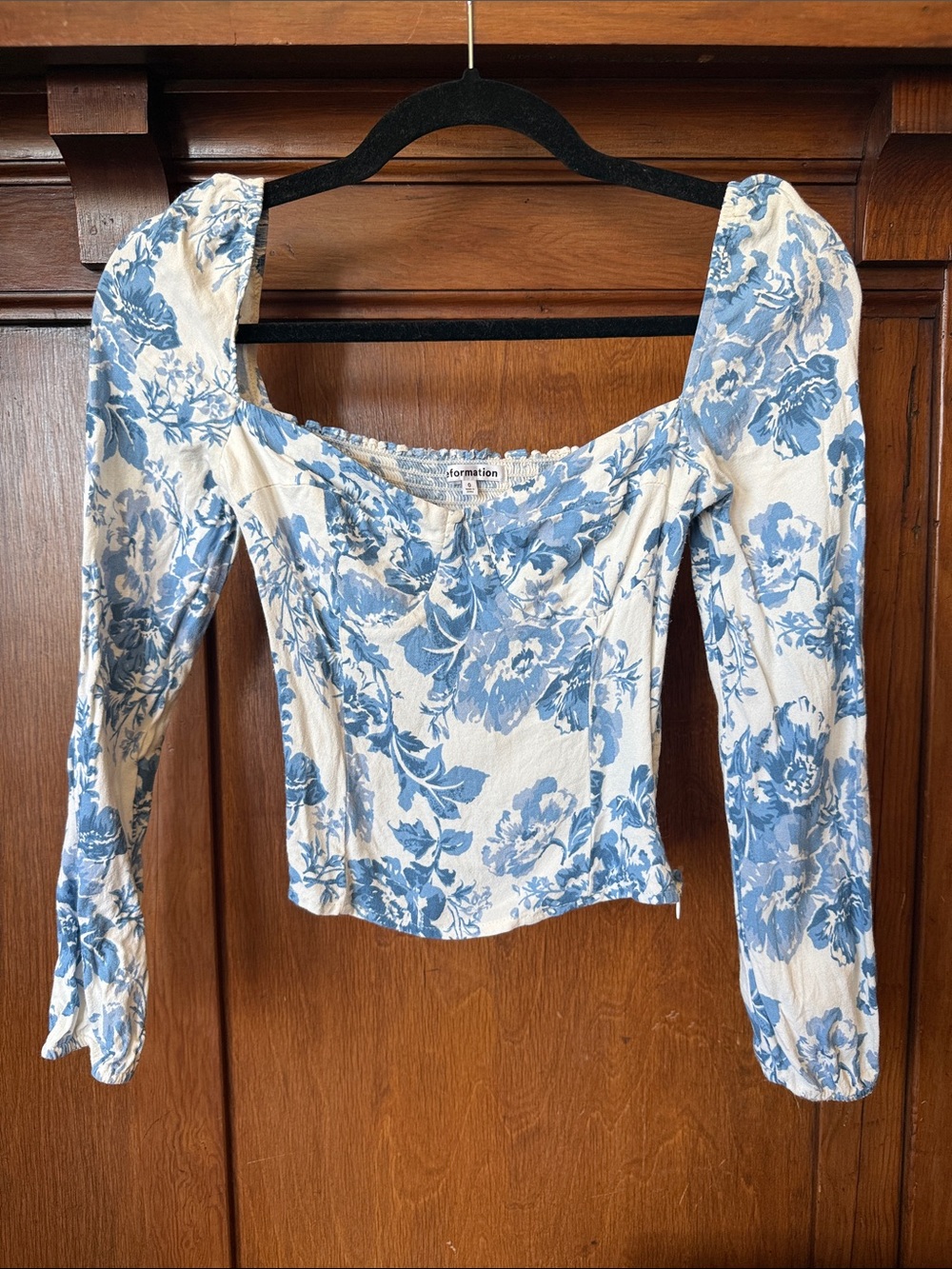 Reformation Cream and Blue Floral Puff-Sleeve Square Neck Top